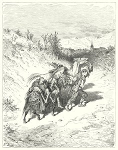 Don Quichot van Gustave Doré: "Hij leidde hen allemaal naar het dorp en liep zelf te voet, zeer peinzend" door Gustave Dore