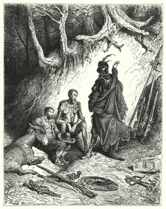 De schildknapen lieten Don Quichot, Roque en Sancho achter om hun terugkeer af te wachten (gravure) door Gustave Dore
