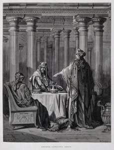 Haman aangeklaagd door koningin Esther, Illustratie uit de Dore Bijbel door Gustave Dore