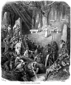 Menselijke offers onder de Galliërs - druïden, dolmen, menhir - gravure door Gustave Doré in 