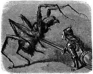 Illustratie door Gustave Doré (1832-1883) voor het boek van Ernest Lepine "De legende van Croquemitaine" (1863) - Voor deze afbeelding van vechten met het zwaard tegen een gigantische spin, kan men niet anders dan denken aan de strijd van Frodo en Shelob i
