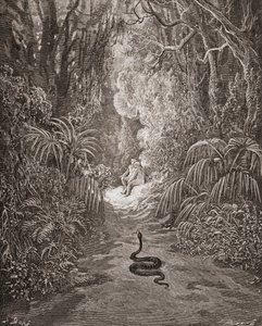 Illustratie door Gustave Dore 1832-1883 Franse kunstenaar en illustrator voor Paradise Lost door John Milton Boek IX regels 434 en 435 door Gustave Dore
