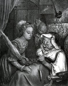 Illustratie door Gustave Doré voor een verhaal van Charles Perrault: Doornroosje. De prinses gaat zichzelf steken aan de distel van een oude vrouw die wegloopt in het spinnewiel.