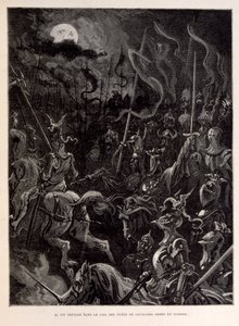 Illustratie van ridders in gevecht tijdens een maanverlichte avond door Gustave Dore