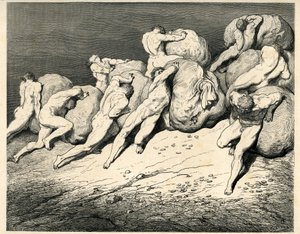 In de vierde cirkel van de Hel, waar Pluto (Hades) heerst, dragen en rollen de Gierigen en de Verkwisters zware lasten (stenen), botsend van woede. Gravure uit De Hel door Dante Alighieri (de Goddelijke Komedie) geïllustreerd door Gustave Doré. Franse e