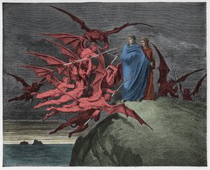 Inferno, Canto 21: De demonen bedreigen Virgil, illustratie uit "De Goddelijke Komedie" van Dante Alighieri, 1885