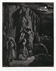 Jabesh-Gileadieten halen de lichamen van Saul en zijn zonen terug, Illustratie uit de Dore Bijbel