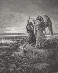 Jakob worstelt met de engel, Genesis 32:24-32, illustratie uit Dore