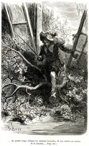 Jacquemin Lampourde, het pistool in zijn hand, kwam op een punt in de strijd. Gravure door Gustave Doré ter illustratie van de picareske roman van Théophile Gautier 