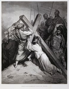 Jezus draagt het kruis, Illustratie uit de Dore Bijbel door Gustave Dore