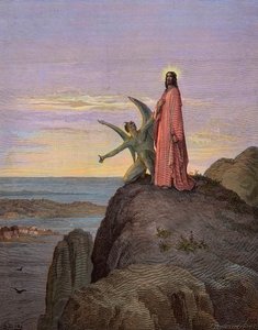 Jezus in de woestijn, onderworpen aan de verleiding van de duivel - De verleiding van Christus - Satan verleidde Jezus - gravure door Gustave Dore - latere inkleuring door Gustave Dore