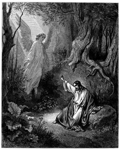 Jezus op de Olijfberg: een engel verschijnt om hem moed te geven - Illustratie door Gustave Doré voor de Bijbel