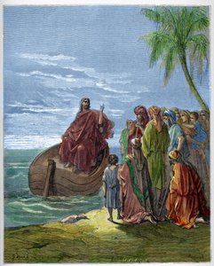 Jezus predikend aan het Meer van Galilea - gravure in 
