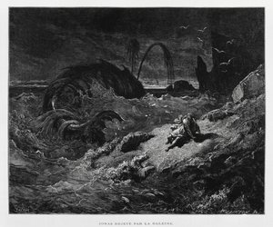 Jona op het droge geworpen door de walvis, Illustratie uit de Dore Bijbel door Gustave Dore