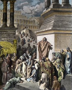 Jona spoort de Ninivieten aan tot boetedoening - illustratie uit Gustave Dore