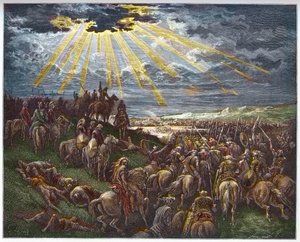Jozua beveelt de zon stil te staan - Josue stopt de zon - gravure in 