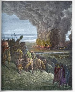Jozua verbrandt de stad Ai - De verovering van de stad Ai door Jozua - gravure in 