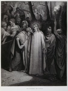 Judas verraadt Jezus met een kus; Illustratie uit de Dore Bijbel