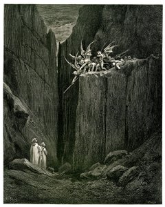 De hel (La divina commedia) door Dante Alighieri geïllustreerd door Gustave Doré. Franse vertaling door Pier-Angelo Fiorentino. Dante en Virgilius tegenover de demonen door Gustave Dore