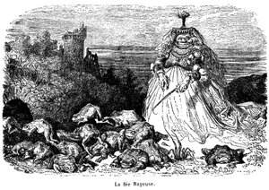 La fée Rageuse en zijn kudde padden: gravure door Gustave Doré ter illustratie van het sprookje Pooh, door de Gravin van Segur, uit de Nieuwe Sprookjes, Hachette 1896