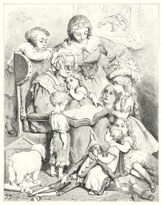 Het lezen van verhalen in familiekring (gravure) door Gustave Dore