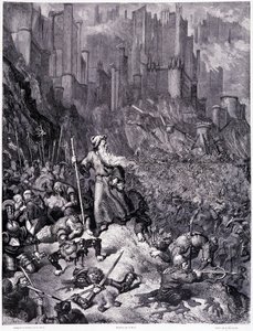 Les battailles, plaat IX - Illustratie door Gustave Doré (1832-1883), voor La legende du Jeif wandering door Pierre Dupont, editie Librairie du magasin pittoresque, Parijs 1862