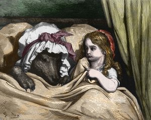 Roodkapje en Wolf niet zoals Grootmoeder. Illustratie door Gustave Doré