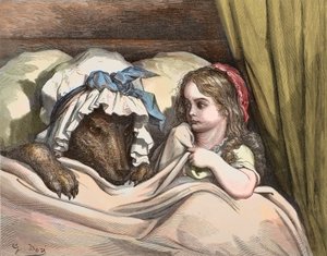 Roodkapje en Wolf houden niet van oma. Illustratie van 