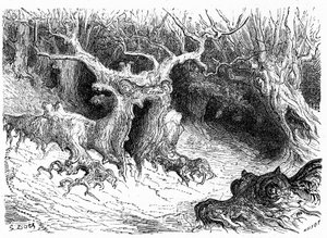 Monsterachtige beuk in de Ossau-vallei, antropomorfe monsterbomen. Gravure door Gustave Doré ter illustratie van het boek 