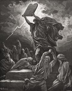 Mozes breekt de tafelen van de wet, Exodus 32:19, illustratie uit Dore