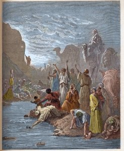 Mozes brengt water uit de rots - Boek van Exodus (Bijbel) - gravure in 