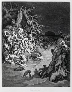 Noach en zijn ark ontsnappen terwijl de grote vloed de aarde overspoelt, Illustratie uit de Dore Bijbel door Gustave Dore