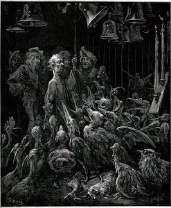 Op Sonnante Eiland laat Panurge vogels zingen door de klokken te luiden - illustratie door Gustave Dore voor de volledige werken van Francois Rabelais - Vijfde Boek - Pantagruel door Gustave Dore