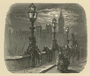 Mensen en koetsen op Westminster Bridge
