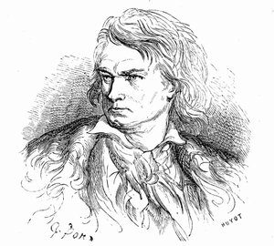 Portret van Beethoven door Gustave Dore, circa 1855, ter illustratie van een tekst van Hippolyte Taine: “-Wat is Beethoven? “Een arme grote man, doof, verliefd, miskend en filosoof, wiens muziek vol gigantische of pijnlijke dromen is.” door Gustave Dore