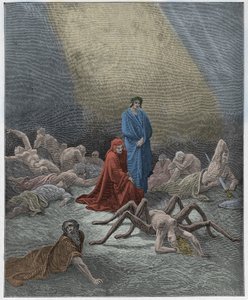 Purgatorio, Canto 12: Dante ziet de ziel van Arachne, illustratie uit "De Goddelijke Komedie" door Dante Alighieri, 1885 door Gustave Dore