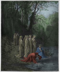 Purgatorio, Canto 33: Dante drinkt van de rivier Eunoe, illustratie uit "De Goddelijke Komedie" door Dante Alighieri, 1885 door Gustave Dore
