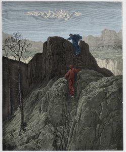 Purgatorio, Canto 4: Virgil leidt Dante de ruige berghelling op, illustratie uit "De Goddelijke Komedie" door Dante Alighieri, 1885 door Gustave Dore