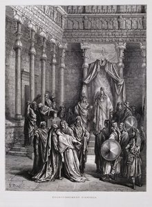 Koningin Esther valt flauw voor de koning, Illustratie uit de Dore Bijbel door Gustave Dore