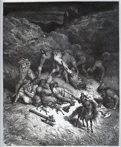 Verhaal van de heldendaden van Felix-Mars van Hyrcania - uit "Don Quichot de la Mancha" door Miguel Cervantes (1547-1616) - Houtsnede naar tekening van Gustave Dore door Gustave Dore