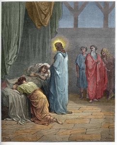 Opstanding van de dochter van Jairus - Jezus wekt de dochter van Jairus op - gravure in 