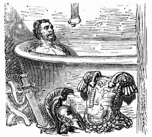 Romeinse soldaat badend in de thermale baden van Bagnères-de-Bigorre: gravure door Gustave Doré ter illustratie van het boek 