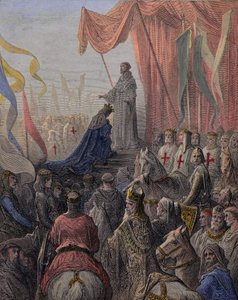 Saint Bernard de Clairvaux predikt de tweede kruistocht in aanwezigheid van koning Lodewijk VII en koningin Alienor van Aquitanië en abt Suger