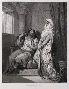 Simson en Delila, Hoofdstuk 16, uit het Boek van Rechters, in het Oude Testament, Illustratie uit de Dore Bijbel door Gustave Dore