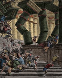 Simson brengt de Tempel van Dagon naar beneden Gravure door Gustave Dore (1832-1883)