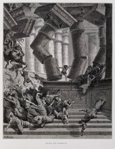 Simson vernietigt de tempel van Baäl, Illustratie uit de Dore Bijbel door Gustave Dore