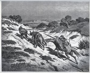 Sancho Panza, Don Quichot en hun rijdieren na hun nederlaag tegen de Yangers - uit 