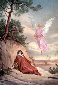 Set van bijbelse educatieve ansichtkaarten in de jaren 50, gemaakt naar Schone Kunsten: hier na "Elia gered door een engel" door Gustave Dore