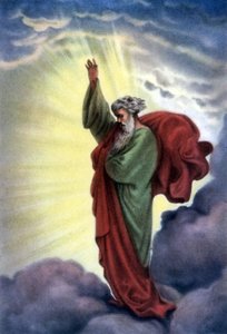 Set van bijbelse educatieve ansichtkaarten uit de jaren 50, gemaakt naar Schone Kunsten: hier naar "God de Vader" door Gustave Doré