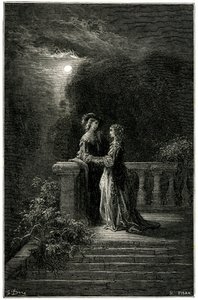 Sigognac en Isabelle: geliefden eindelijk verenigd in het maanlicht. Uiteindelijk triomfeert de liefde! Gravure door Gustave Dore die de picareske roman van cape en degen door Theophile Gautier 